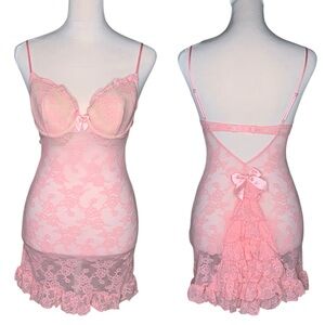 Victoria's Secret Babydoll Slip Dress 34C Pink Lace Ruffle Back Lingerie Chemise
